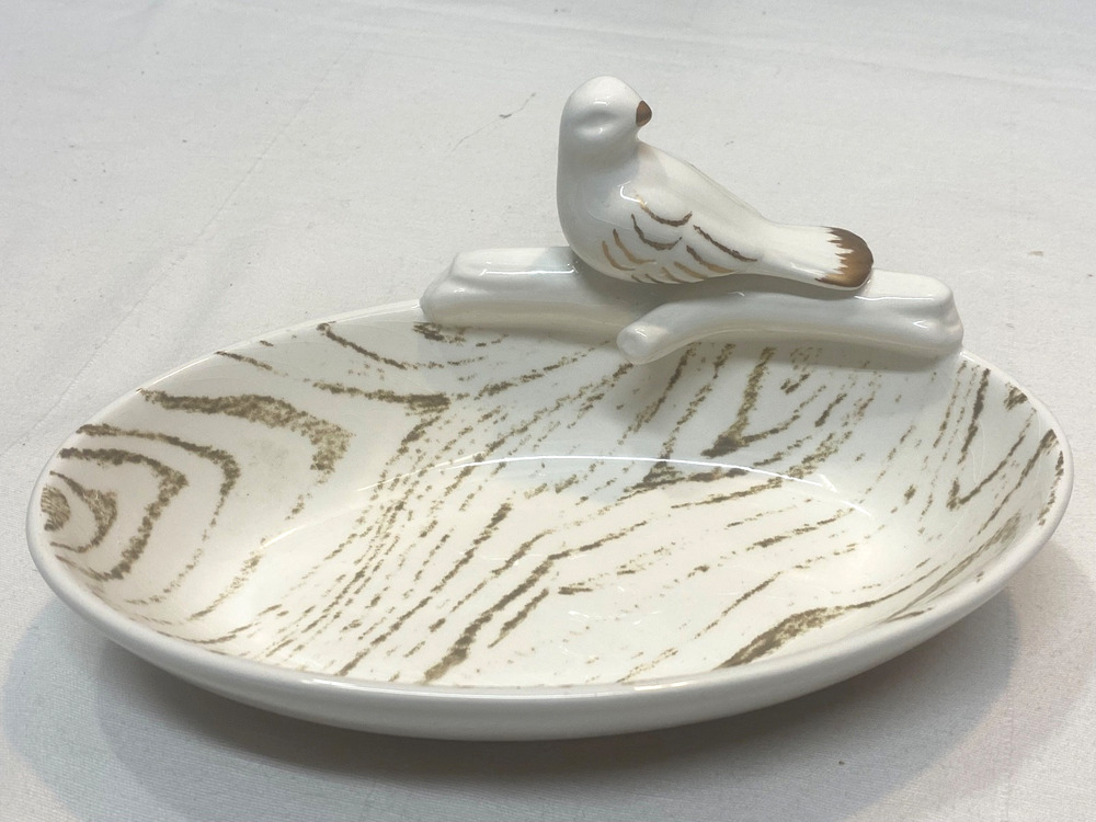 Bird Trinket Dish Grasslands Road Gold White